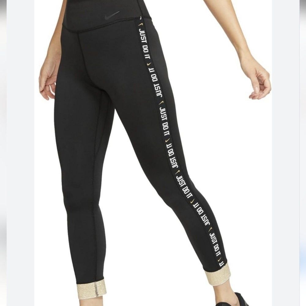 Nike Black and Gold Women's Leggings. Just Do It Logo Down Both Legs. Sz M